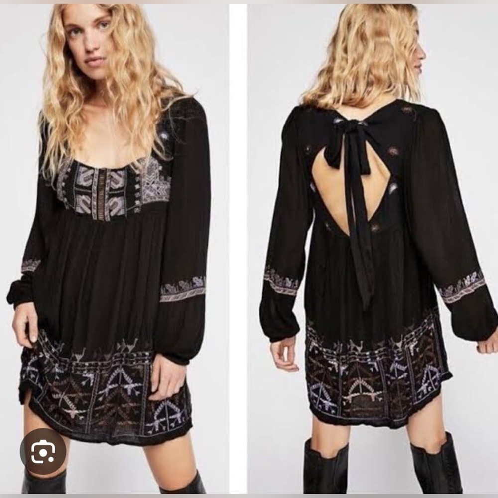 Free People Black Dress with Intricate Purple Design